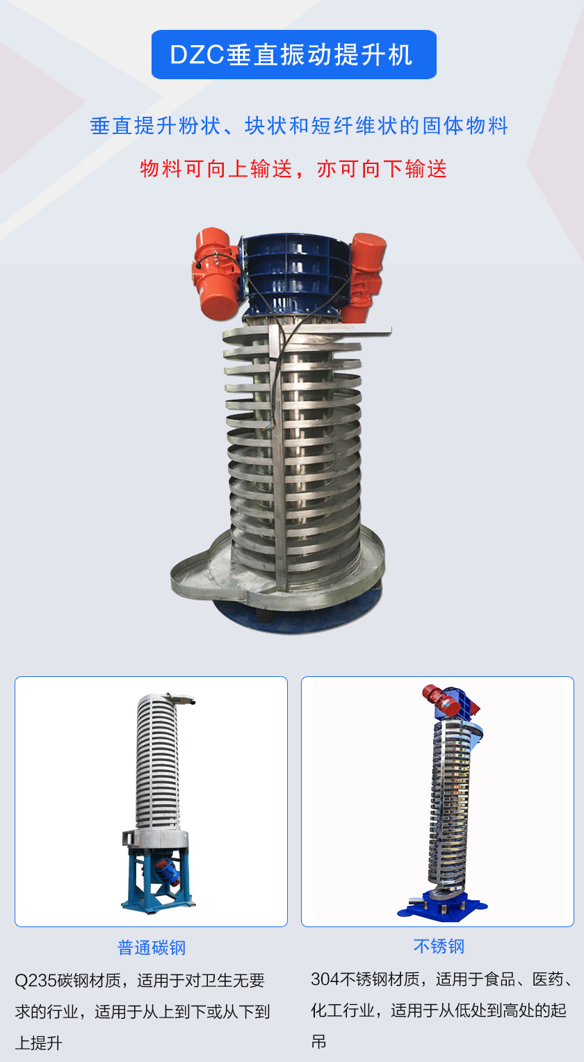 垂直提升粉狀、塊狀和短纖維狀的固體物料物料可向上輸送,亦可向下輸送